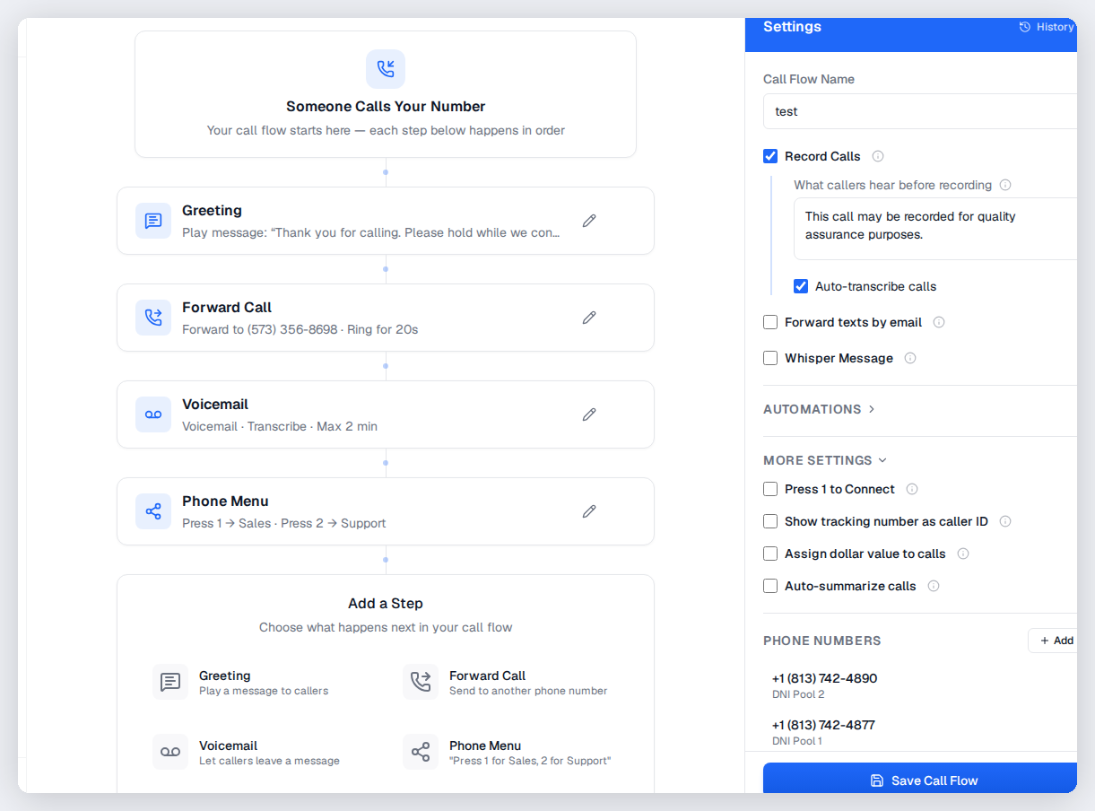 Integrating tracking numbers with other CallScaler features